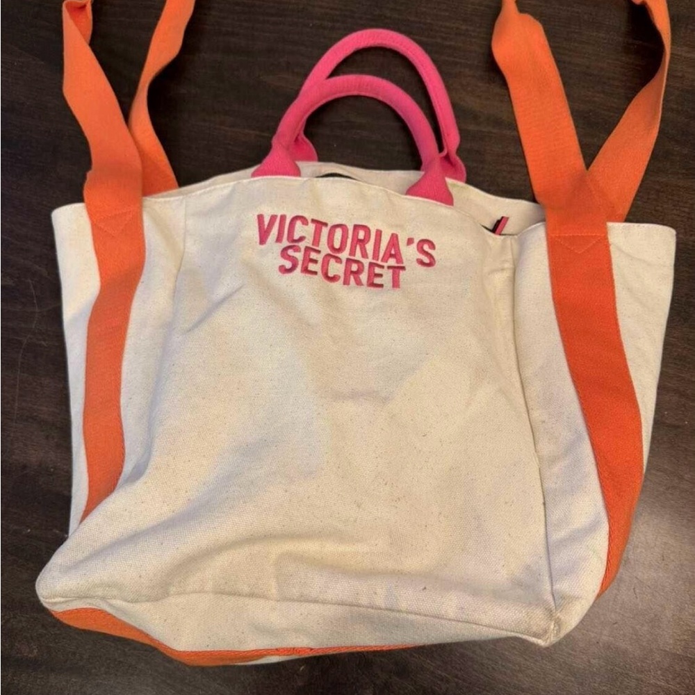 Victoria's Secret Cream Tote with Orange and Pink Accents
